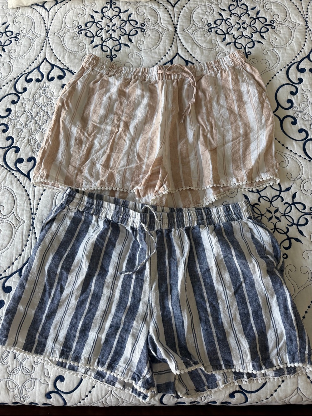 2 Pair Bundle! Striped Linen Shorts - Blue & Beige